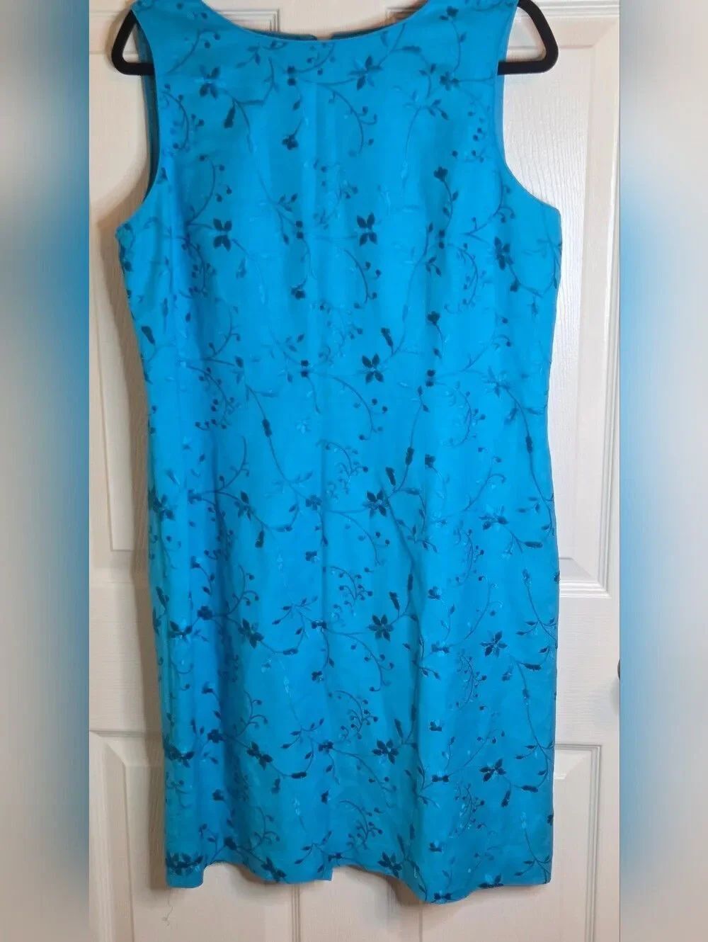 Coldwater Creek 14 CeruleanBlue Embdrd LINEN Blend Lined Sless Women Midi Dress
